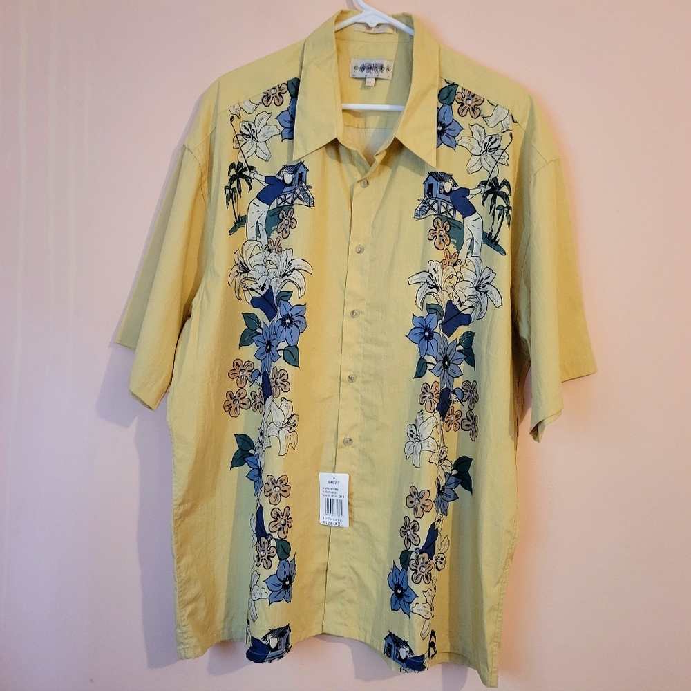 NWT Campia Moda Tropical Yellow Hawaiian Shirt, Golf Floral Detail, XXL
